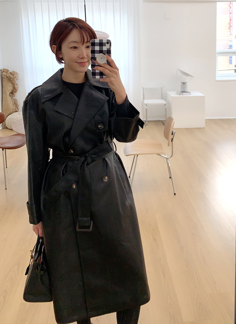 leather long trench coat (블랙)